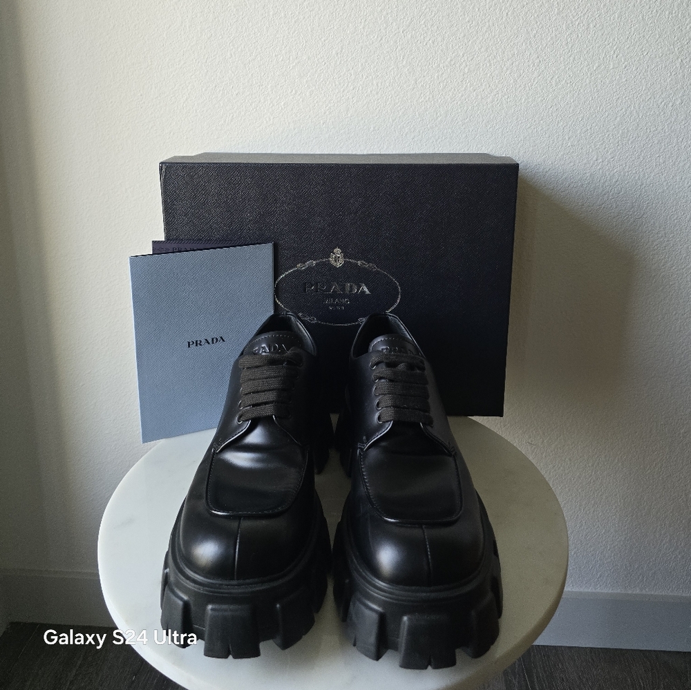 Mens Prada Monolith UK9 US10 Blk Leather Lace Up Shoes .